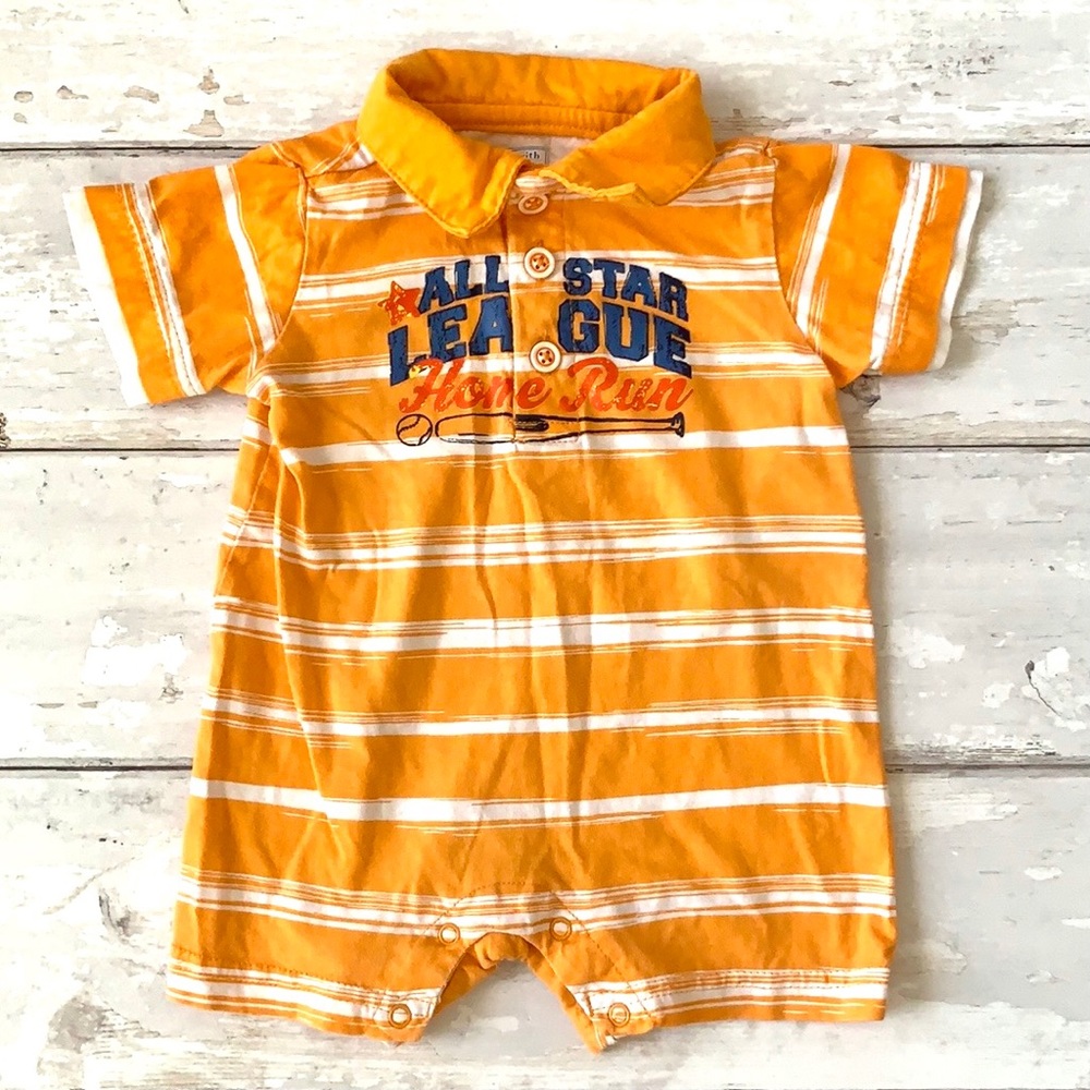 Baby Boy 0-3m Romper One Piece Orange White Stripes Shorts Polo Baseball Newborn